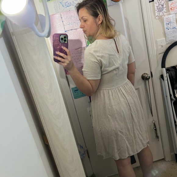 2 POCKET LINEN LOOK DRESS SHORT-SLEEVE M MEDIUM NATURAL NEUTRAL BEIGE - Picture 2 of 15